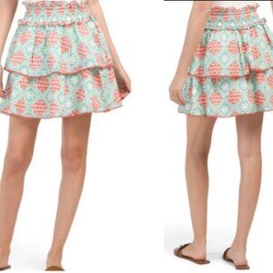 Marea Womens Cotton Floral Smocked Waist A-Line Ruffled Skirt Green Sz M